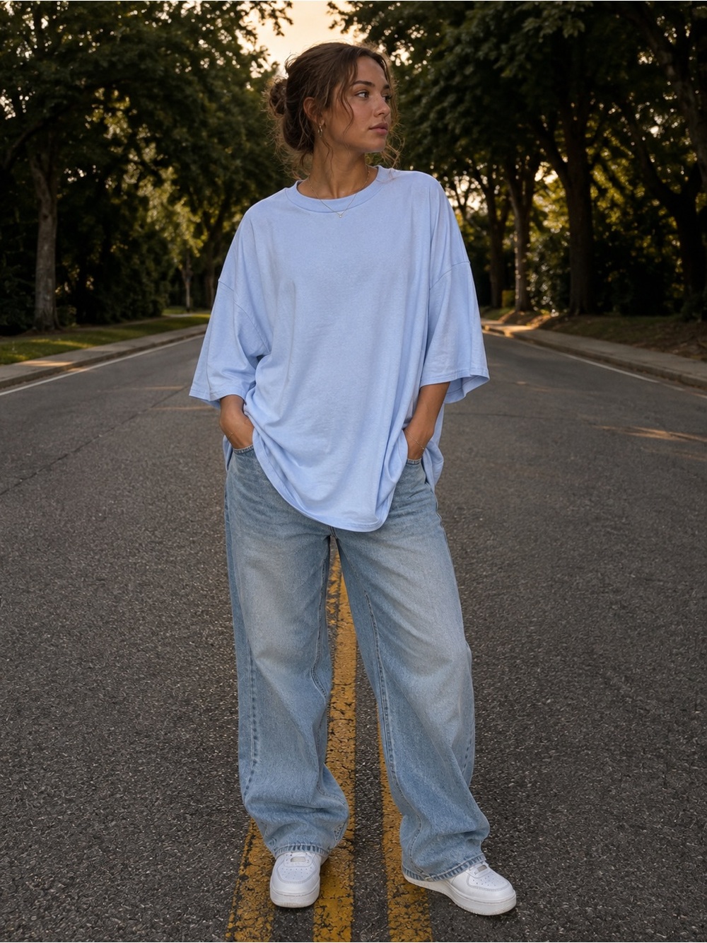 White Birch Light Blue Oversized Ribbed Short Sleeve Tee